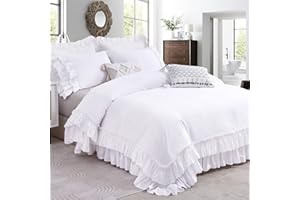 QSH Ruffle White Duvet Cover Queen Size -Washed Cotton Shabby Farmhouse Ruffled Bedding Comforter Cover 3 pcs Aesthetic French Country Queen Duvet Cover Cotton Extra Soft and Breathable