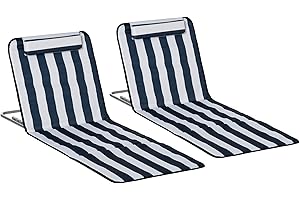 Outsunny 2 Pieces Outdoor Beach Lounge Chair, Patio Steel Folding Chaise Lounge Set w/Pillow for Sunbath, Snap, Blue and Whit