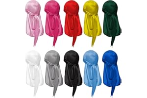 10 Pieces Silky Durags Long Tail for Women Men Satin Durag Wave Headwraps Wide Straps