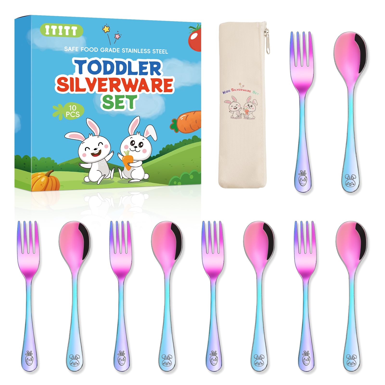 Photo 1 of 10 Pieces Stainless Steel Rainbow Toddler Utensils Set - Food Grade Kids Silverware Set Children Safe Small Forks and Spoons Mirror Polished Sturdy and Durable Dishwasher Safe