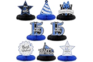 LASKYER Happy 15th Birthday Party Decorations, Glitter Shiny Honeycomb Table Centerpieces Fifteen Years Old Birthday Party Decorations Sign. - Blue Glitter