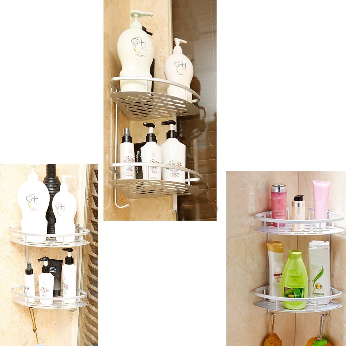 Lancher Bathroom Shelf ( No Drilling ) Durable Aluminum 2 Tiers Shower Shelf Kitchen Storage Basket Adhesive Suction Corner Shelves Shower Caddy: Home Improvement