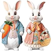 Menkxi 2 Pcs Easter Bunny Decorations Easter Spring Resin Bunny Figurines with Carrot Flower and Egg Handmade Couple Rabbit Statues for Easter Table Centerpiece Spring Garden Lawn Gifts