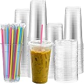 Nuogo 100 Set 32oz Clear Plastic Cups with Flat Lids and Straws, PET Plastic Cups with Lids Colored Straws Drinking Disposable Cup for Ice Cream Cold Drink Iced Coffee Tea Juice(Multicolor)
