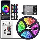 Dervacle Battery Operated LED Strip Lights 26ft, Color Changing RGB APP &amp; Remote Control, Music Sync, USB Powered, Cuttable - for Bedroom, TV Backlight, Party, Kitchen, Camping
