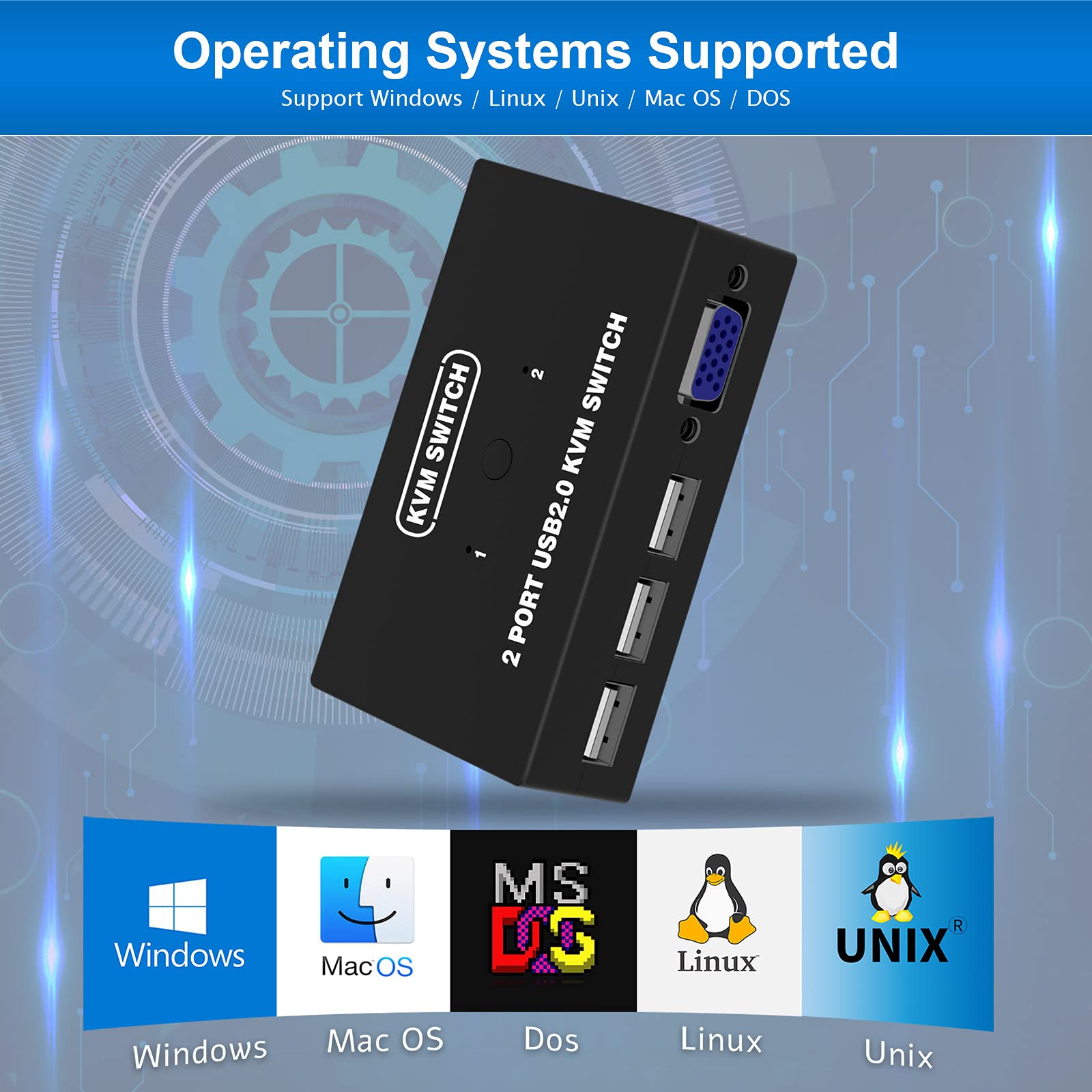 USB VGA KVM Switch for 2 PC Sharing 1 Video Monitor and 3 USB Devices, Keyboard Mouse Scanner Printer, for Laptop PC Windows Mac OS System