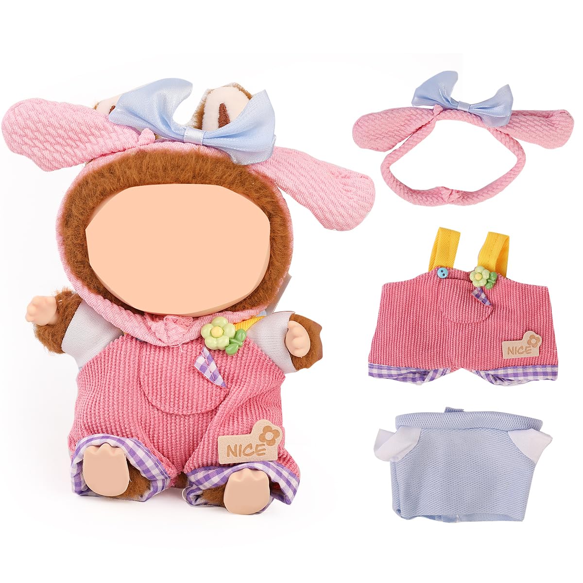 XMBYGY Doll Clothes for Labubu(NO Doll), for 17/15cm Plush Dolls, Clothing Suit Toy Figurine Outfit Set Dress Up with Kawaii Style Accessories, Multicolour Overall and Cute Hat or Headwear (LB133)