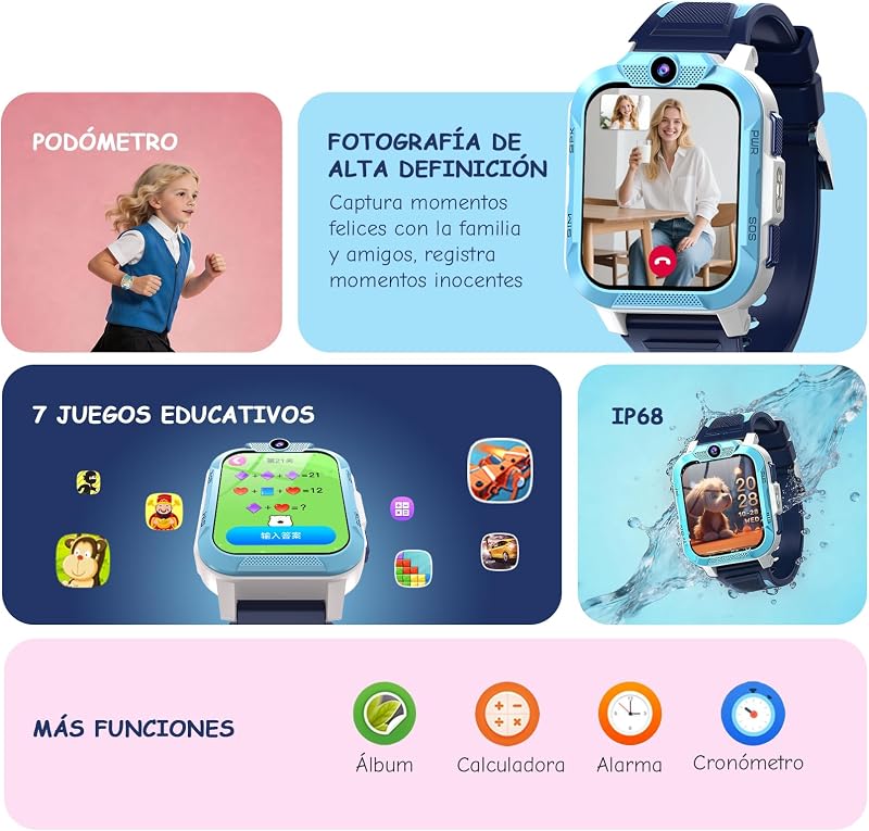 Reloj Inteligente Niño con Videollamada,4G Smartwatch Niño con Videollamada y GPS,SOS, Chat de Voz, Modo Escuela,Batería 850mAh,Podómetro,Despertador,IP68,Juegos,Regalo Ideal para Niños de 4-12 Años