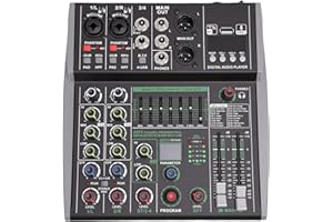 Heayzoki 4 Channel Audio Mixer with Bluetooth, Stereo DJ Sound Board with 7 Band EQ Output, 99 Bit Digital Signal Processor f
