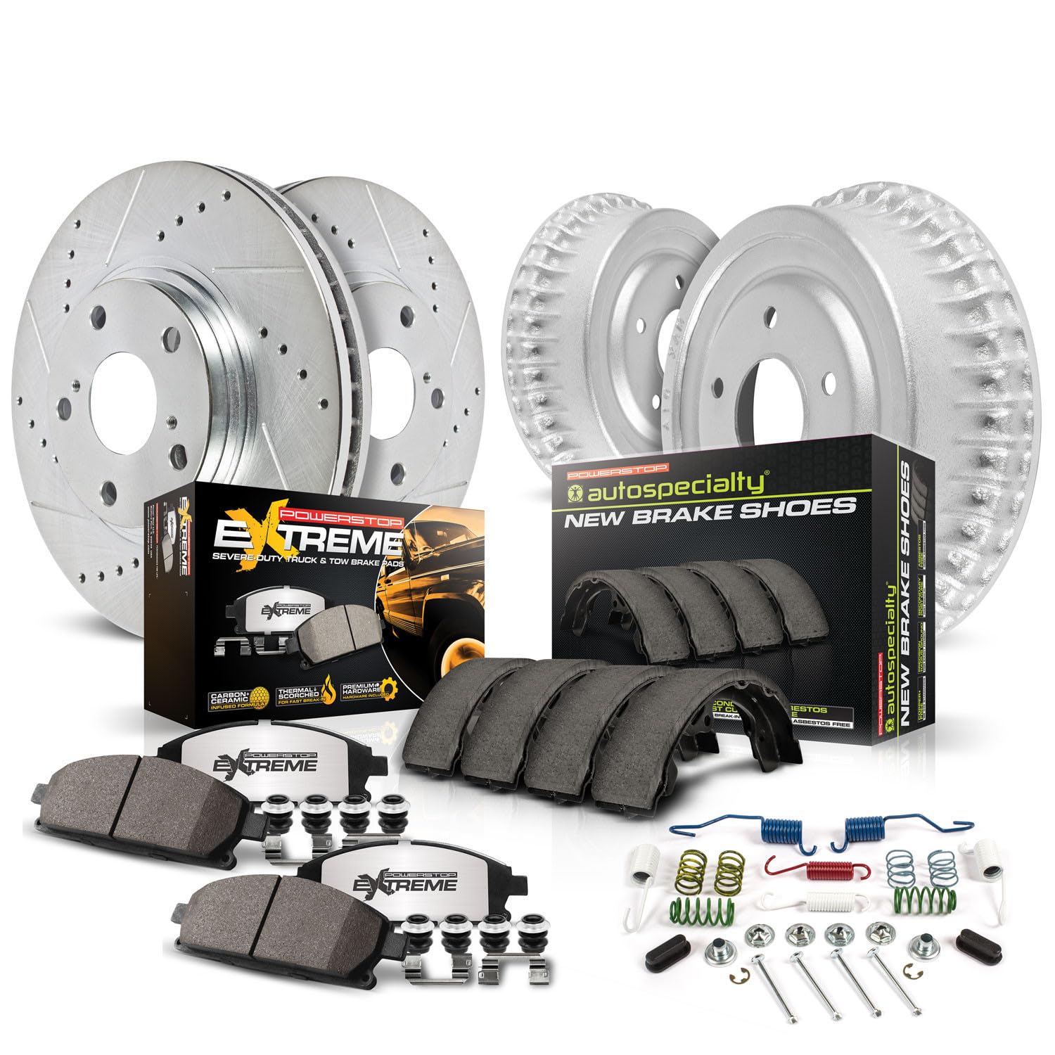 Photo 1 of Power Stop Front and Rear Brake Kit For 1979 1980 1981 1982 1983 1984 1985 Buick Riviera - Truck & Tow Carbon Fiber Ceramic Brake Pads, Drums, & Drilled and Slotted Rotors Replacement, K15045DK-36