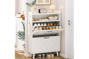 EOYUTLLY Shoe Cabinet Storage for Entryway, Narrow Shoe Rack Cabinet with 2 Flip Drawers, Freestanding Hidden Shoe Rack Storage Organizer (Without Light,White)