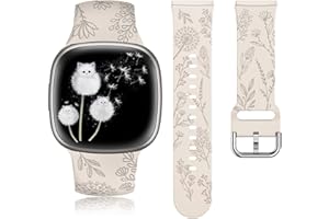Minyee Floral Engraved Band Compatible with Fitbit Versa 4/Versa 3/Sense 2/Sense Band Women, Cute Soft Silicone Dandelion Flower Pattern Sport Designer Fancy Summer Strap for Versa 4