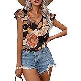 Spriolim Women's Ruffle Short Sleeve Shirt Summer Pleated V Neck Top Casual Loose Chiffon Blouses