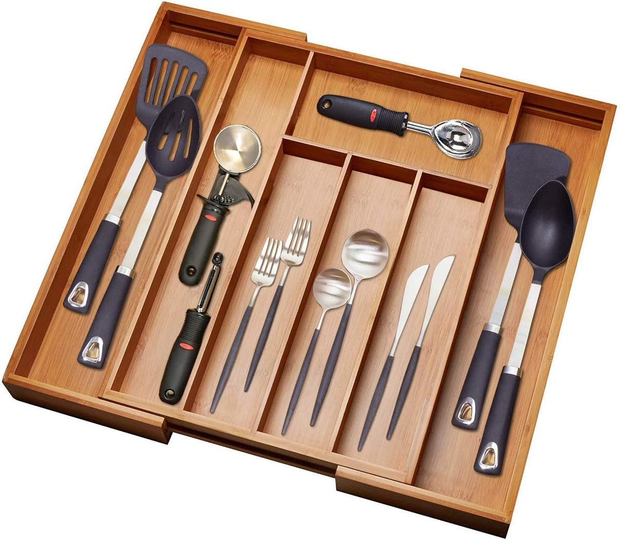 Cozihoma Cutlery Tray, Bamboo Utensil Drawer Organizer Adjustable Kitchen Drawer Insert, 100% Pure Bamboo Flatware Organizer Utensil Tray, Jewelry Showcase with 5 to 7 Compartments
