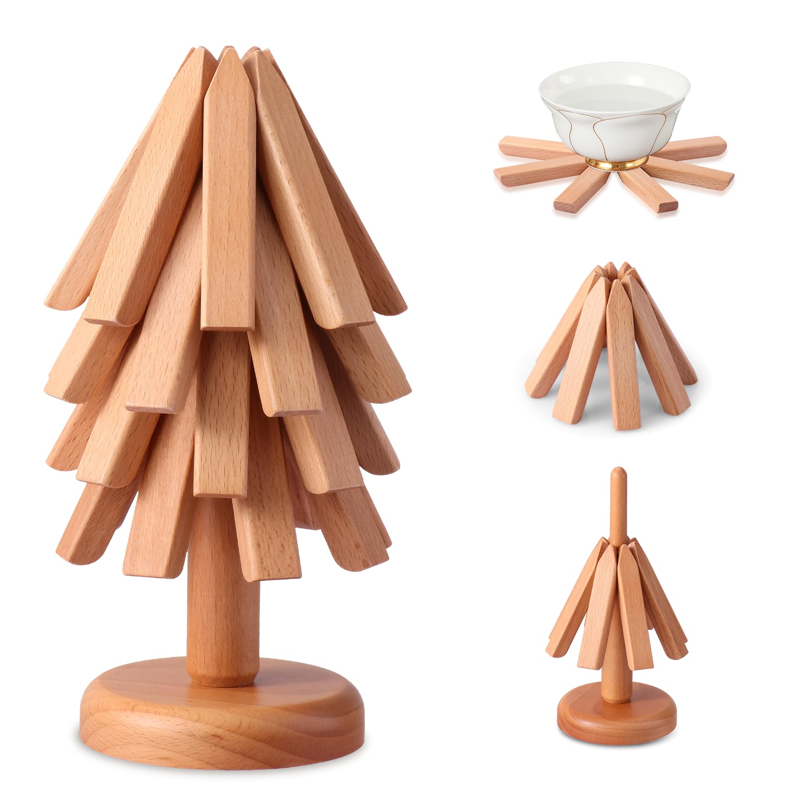 Fzaqwen Wooden Trivets for Hot Dishes - 4 Walnut Wood Trivet Tree Shape Table Insulation Mat Set for Hot Pots and Pans Collapsible Coasters Heat Resistant Pads for Kitchen Counter Beech Wood