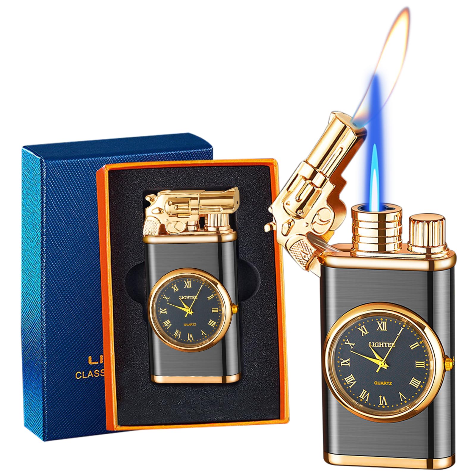 CYJBAO Jet Lighter - Windproof Adjustable Jet & Soft Flame, Cool Embossed Craft, Refillable Butane Lighter for Kitchen, BBQ, Camping, Candles, Cigar (Without Butane)-Black/G