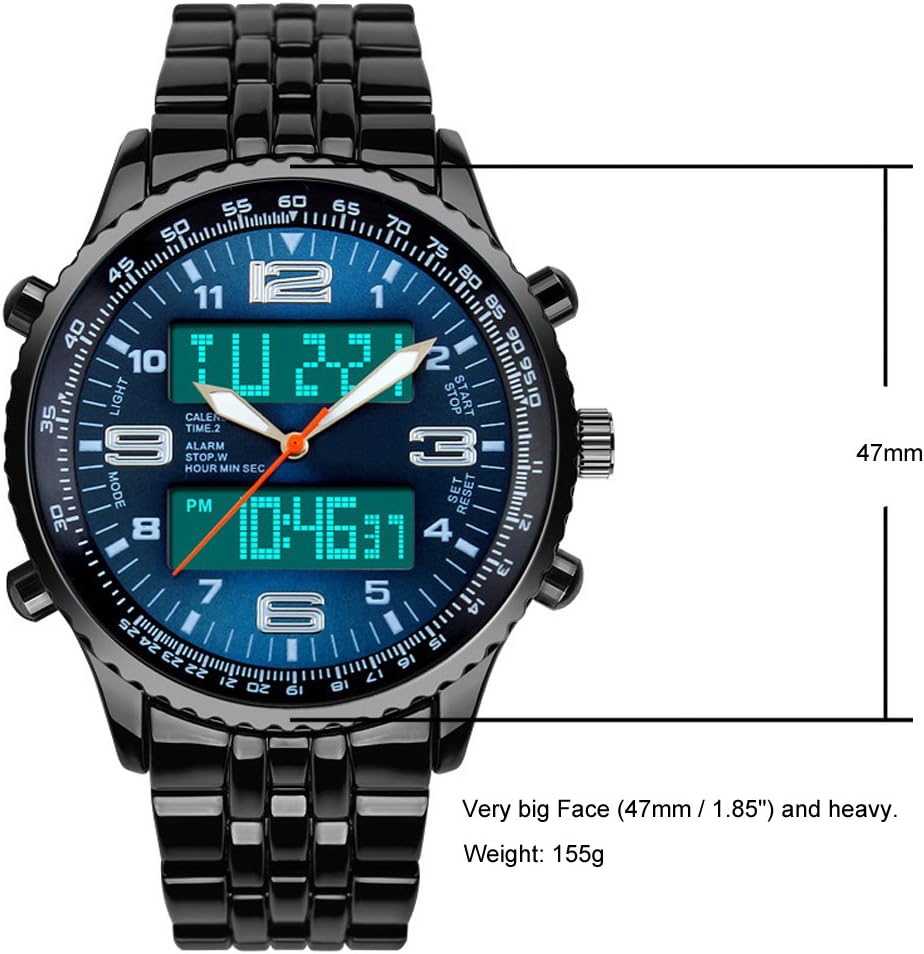 VIGOROSO Men's LED Analog Digital Date Week Sports Outdoor Steel Blue Dial Watch: Sports & Outdoors