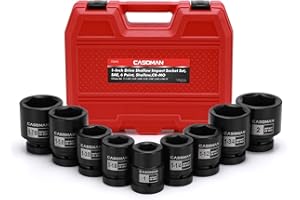 CASOMAN 1-Inch Drive Spindle Axle Nut Impact Socket Set, Shallow, 1" to 2", 9PCS Impact Large Socket Set, 6-Point, SAE, CR-MO