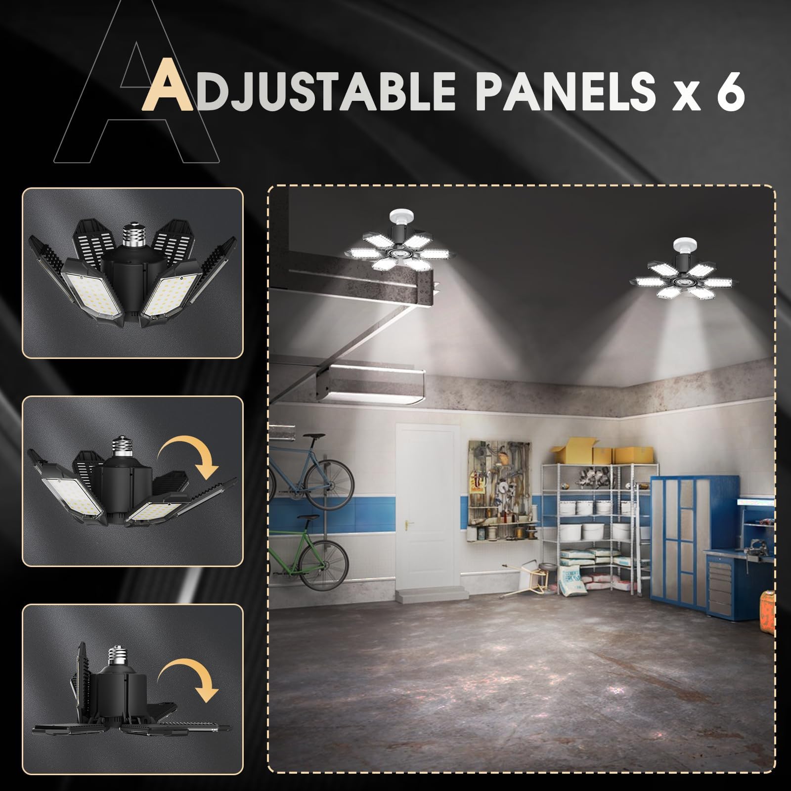 Adiding LED Garage Light 2 Pack Super Bright LED Workshop Ceiling Basement Lighting Fixture Srew in E26 E27 Bulb Socket with Adjustable Spotlight and 6 Deformable Panels for Warehouse Attic Cellar