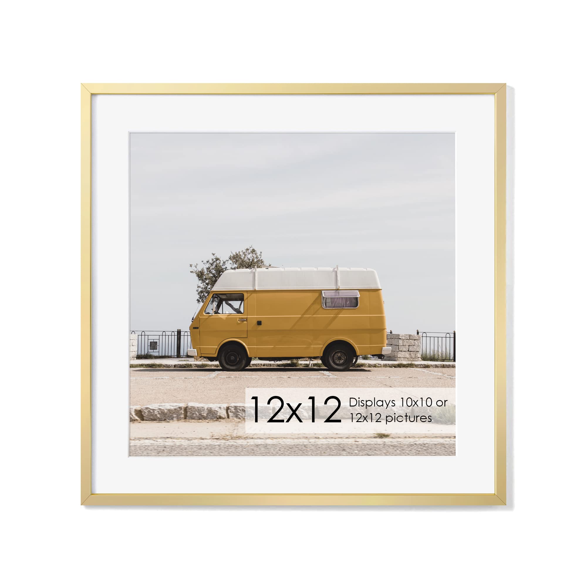 Photo 1 of 12x12 Metal Picture Frame with 10x10 Mat, Brushed Aluminum Finish, Attached Hanging Hardware, and Tempered Glass Front - Versatile Vertical or Horizontal Wall Display Frames Set of 1 - Gold