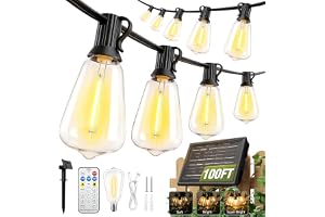100FT Solar String Lights Outdoor Waterproof with Remote & Timer, LED Shatterproof ST38 Bulbs, USB & Solar Powered Patio Lights for Backyard, Porch, Garden, Wedding Decor, Dusk to Dawn Lighting