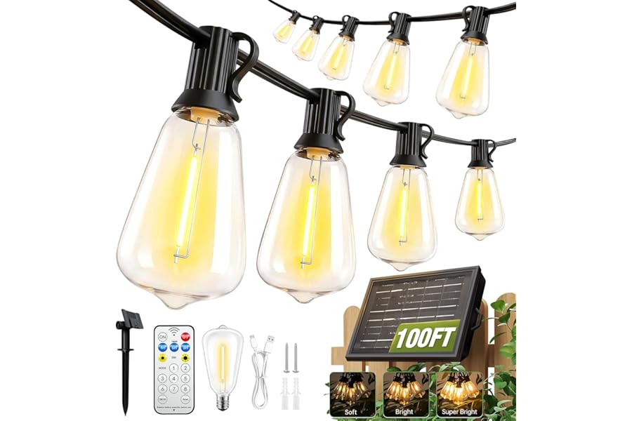 100FT Solar String Lights Outdoor Waterproof with Remote & Timer, LED Shatterproof ST38 Bulbs, USB & Solar Powered Patio Ligh