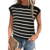 Arach&Cloz Womens Spring Summer 2024 Sweater Vest Cap Sleeve Crew Neck Striped Fashion Casual Sleeveless Tops Clothes