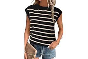 Arach&Cloz Womens Spring Summer 2025 Sweater Vest Cap Sleeve Crew Neck Striped Fashion Casual Sleeveless Cropped Tops Clothes