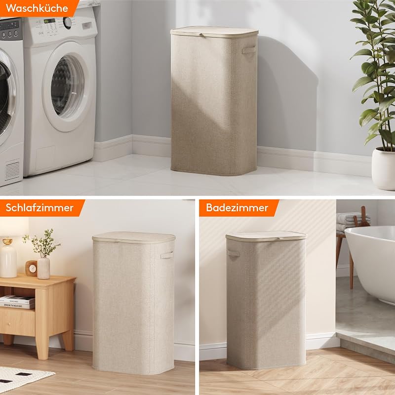 105L Wäschekorb mit Deckel, faltbarer Wäschesammler, Beige