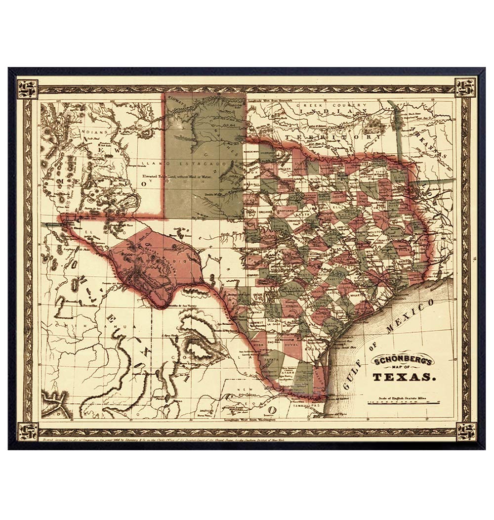 Vintage Texas Map Wall Decor Picture Retro Antique Style