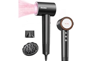 AIRJETZ Hair Dryer, 160,000 RPM High-Speed Ionic Blow Dryer for Fast Drying, Professional Lightweight Hairdryer with Diffuser, Magnetic Nozzle, 4 Temps & 2 Speeds, Low Noise for Travel - Black