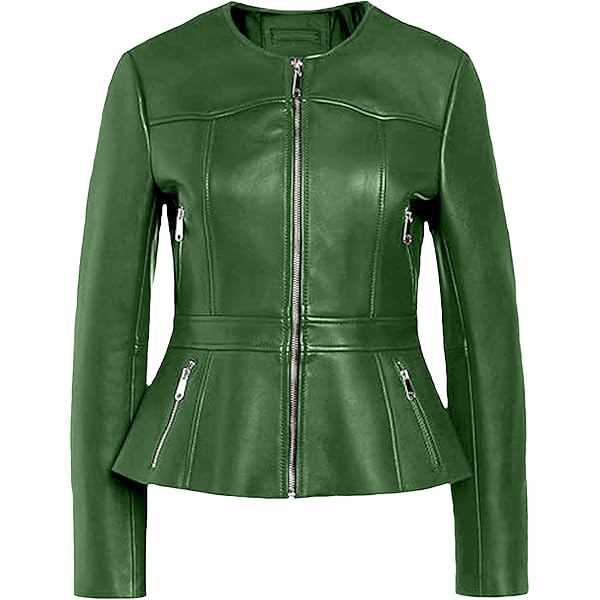 Women's Peplum Leather Jacket, Zip Front, Pockets, Brown, (US