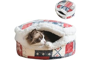 URNAT Cat Cave Bed – Plush, Warm & Calming Hideaway with Detachable Lid & Mat, Covered House for Indoor Kitten & Kitty (Snow)