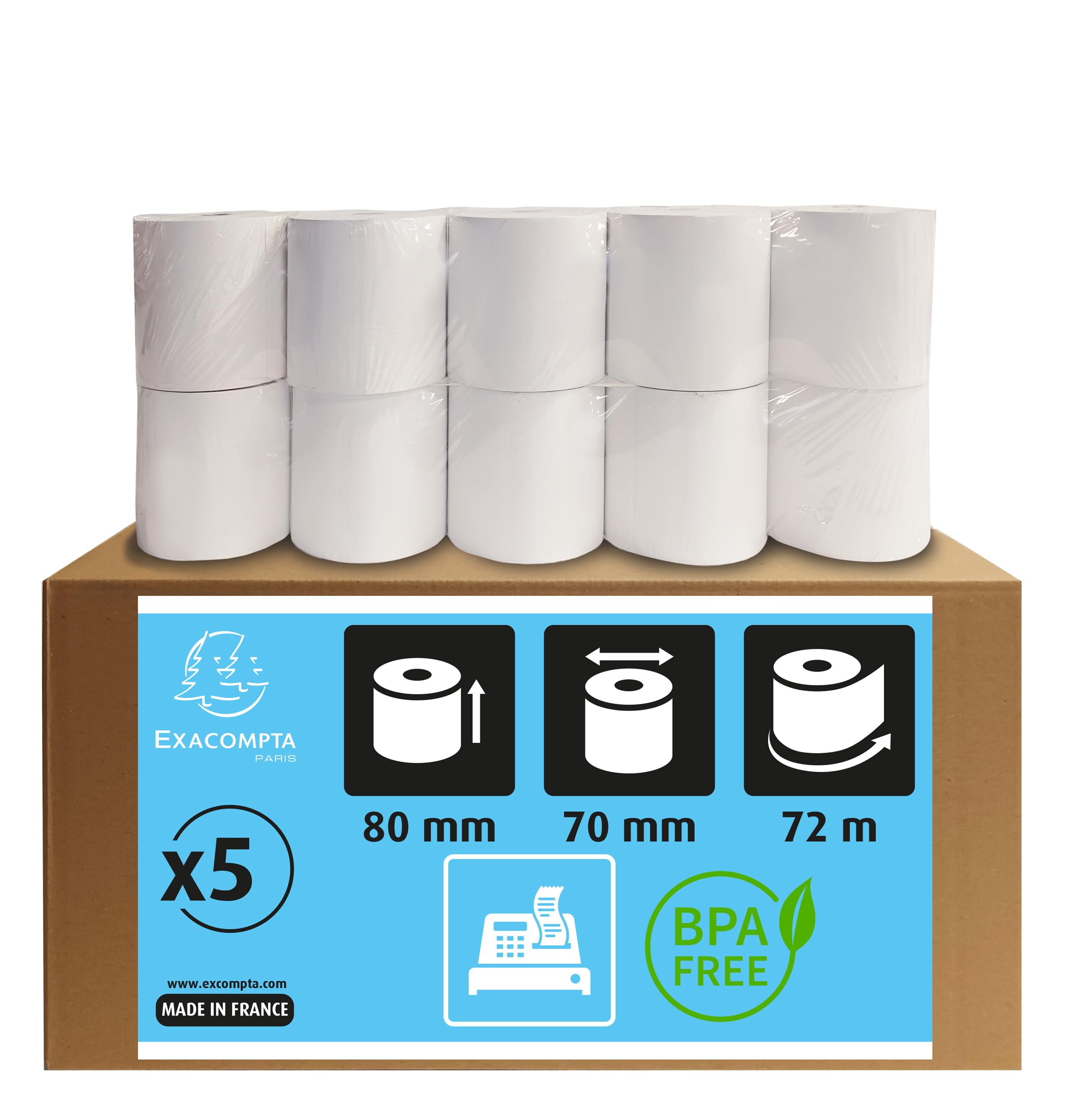 Exacompta - Ref 43706E - Cash Register Receipt Roll (Pack of 5 Rolls) - 80mm Width x 72m Length, Suitable for Shops, Kiosks, Cafés, Restaurants, Card Payments