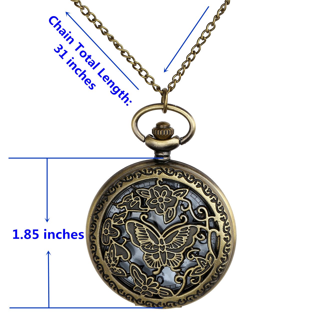 Top Plaza Vintage Bronze Antique Unisex Hollow Butterfly Carving Arabic Numeral Scale Quartz Pocket Watch with Chain