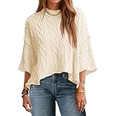 Saodimallsu Womens Cable Knit Cropped Sweaters Oversized 3/4 Sleeve Crew Neck Fall Casual Pullover Tops
