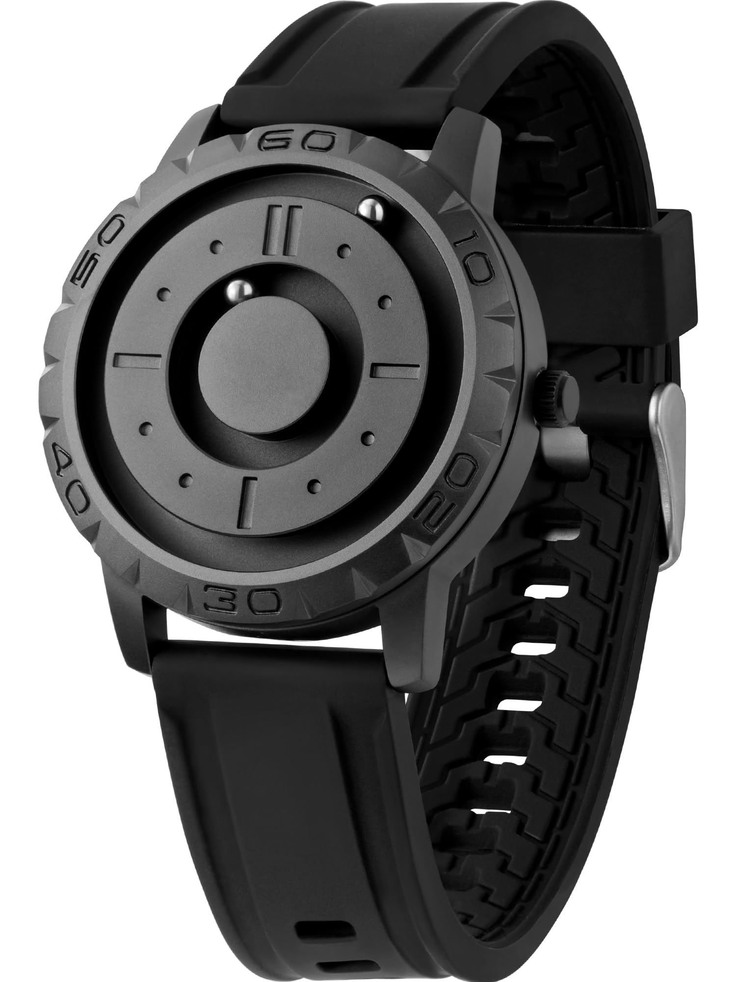 EUTOUR Men's Magnetic Watch No Glass Ball Bearing Quartz Wrist Watches for Men 40 mm Black Silicone Strap