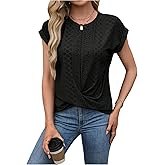 SweatyRocks Women's Casual Twist Front Eyelet Tops Crew Neck Cap Sleeve T Shirts Blouses