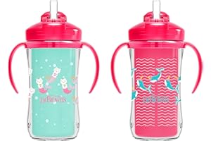 Dr. Brown’s Milestones Insulated Sippy Cup with Straw and Handles, Spill-Proof Tumbler with Lid, 2-Pack, Pink Narwhal and Mer