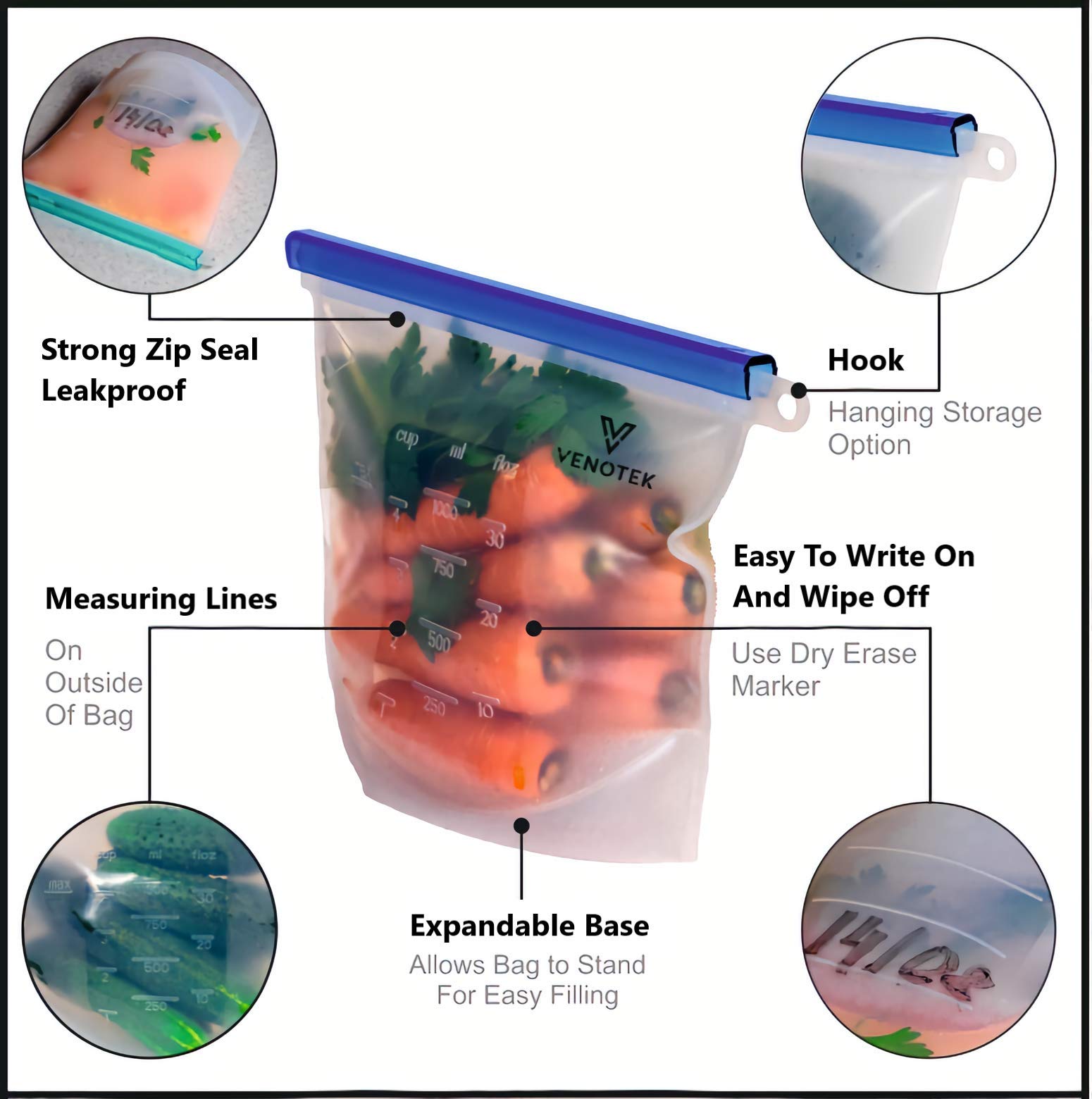 Reusable Silicone Food Bags 2L 2M Venotek Airtight Seal Food