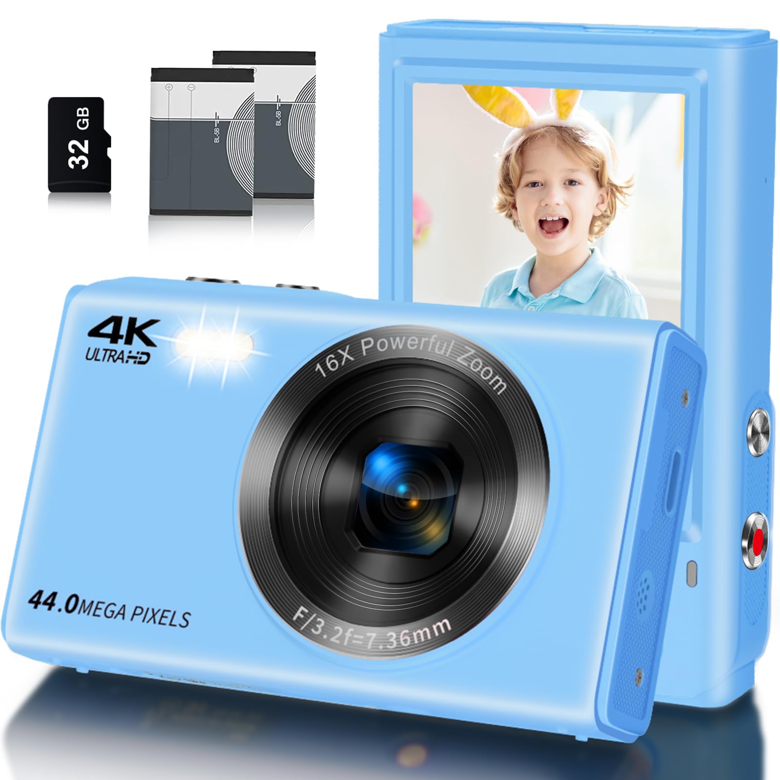 Digital Camera, Saneen FHD Kids Cameras for Photography, 4K 44MP Compact Point and Shoot Camera for Kids, Teens & Beginners with 32GB Card,16X Digital Zoom, 2 Rechargeable Batteries-Blue
