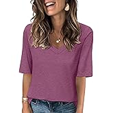 TICTICMISS Women's V Neck T Shirts Half Sleeve Tops Casual Solid Summer Tees