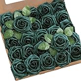 Ling’s Moment Artificial Flowers 25Pcs Peacock Green Roses Decor w/Stems,3" Real Touch DIY Foam Floral for Wedding Bouquet/Centerpieces, Outdoors Party Backdrop, Room/Table, and Garden/Pot Decorations