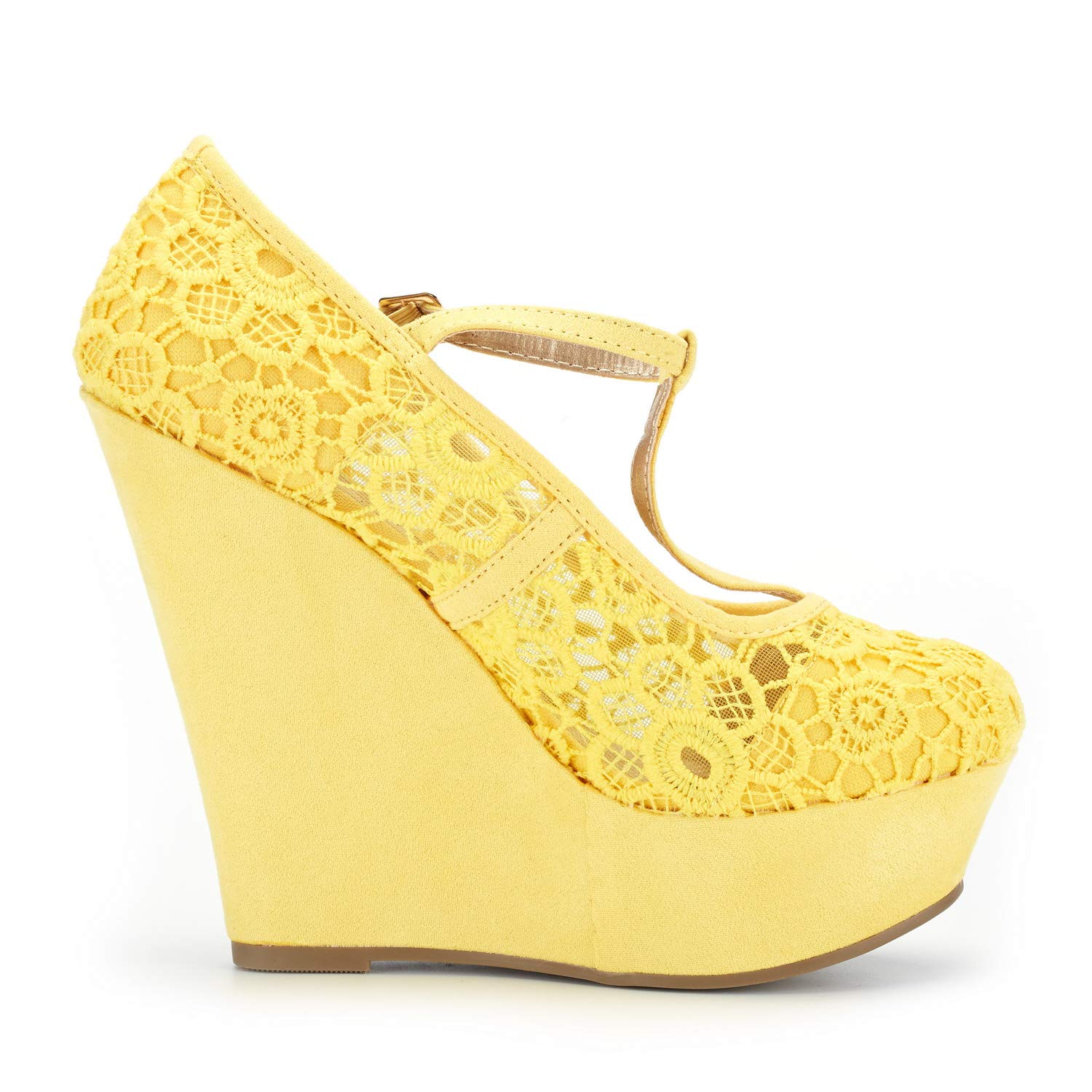 DREAM PAIRS Wedge-Height-l Yellow Lace Crochet Mary Jane Platform Wedges Shoes for Women Size 9 B(M) US - Image 4