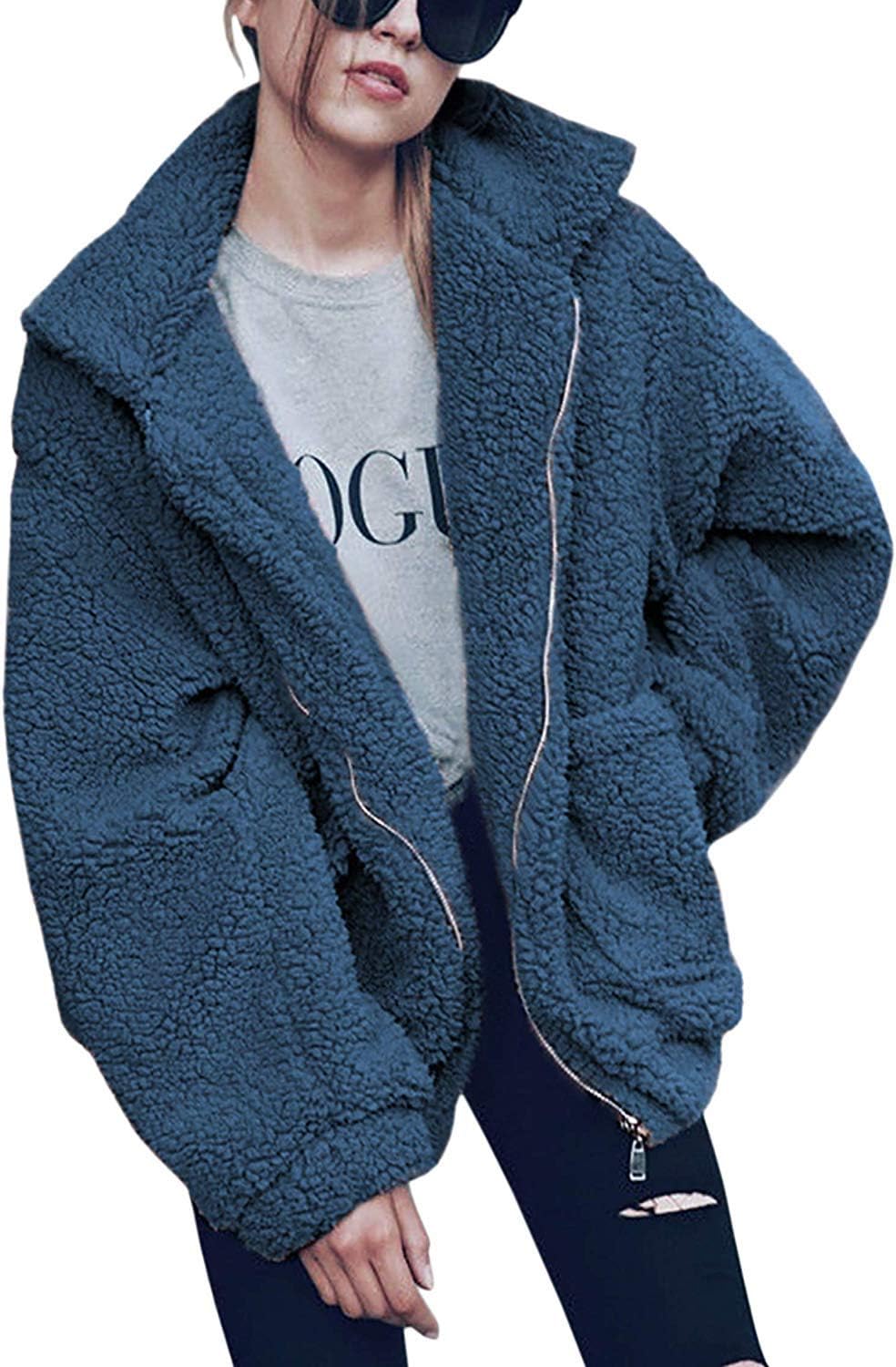 Ladies Jacket Women's Fleece Faux Fur Coats Casual Outerwear Tops Open Front Cardigan Jacket Sweater with Pockets