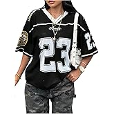 BEAUDRM Girls Y2k Jersey Shirts Number Graphic Oversized Tees Half Sleeve V Neck Mesh T Shirt Streetwear