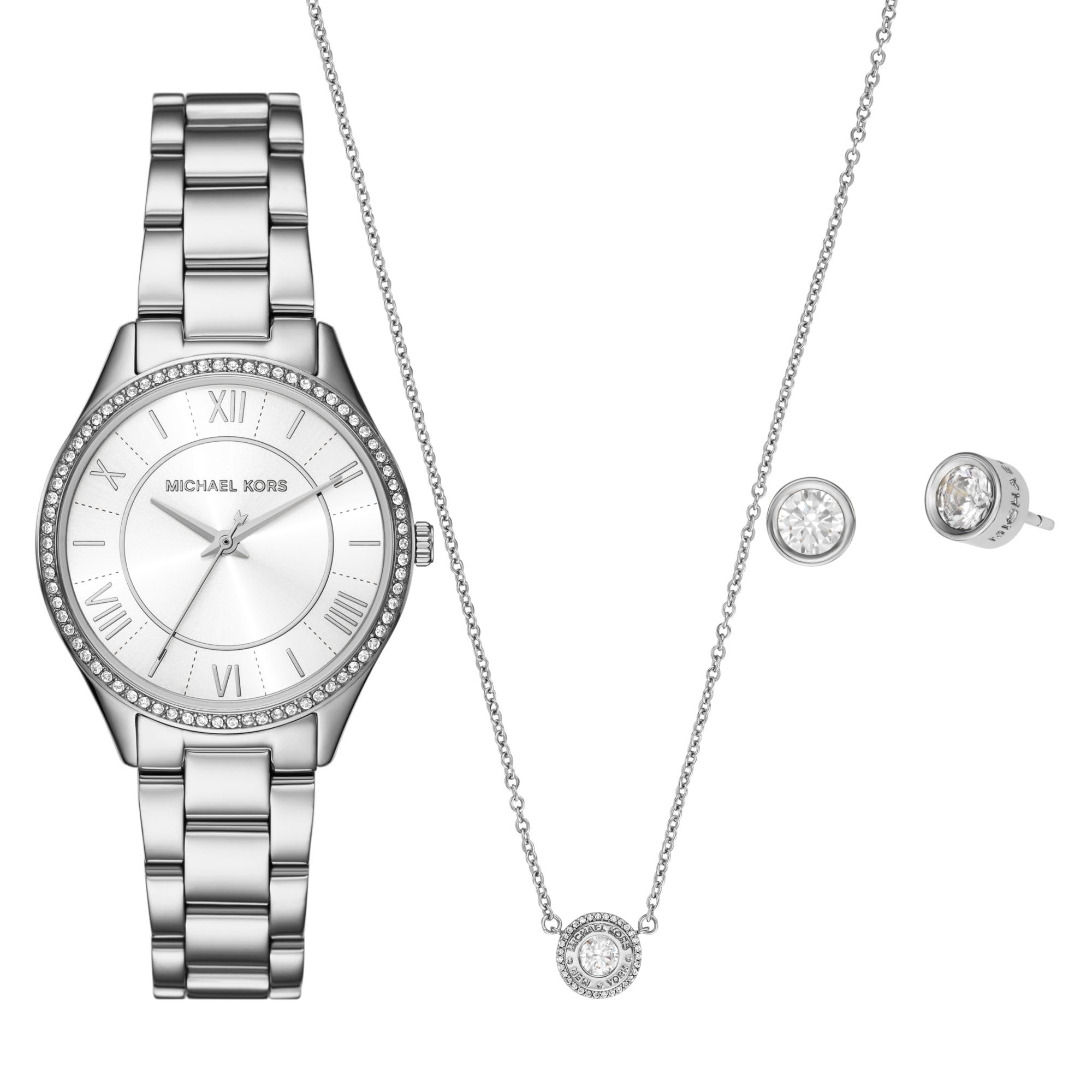 Michael Kors Women’s Watch Set, Lauryn Three-Hand Silver Stainless Steel Bracelet Watch for Women, Earrings and Necklace Gift Set