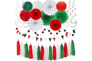 Red-Green White Christmas Party-Decorations - 33pcs Banner,Mexico Italy Streamers Tassel Garland,Tissue Pom Poms Honeycomb,Paper Lantern Fans,Mexican Italian Birthday Wedding Baby Shower Decor Hugtmr