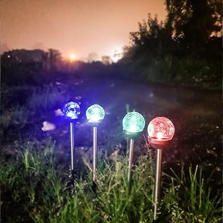 Bulfyss Solar Powered Pathway Lights Thick Crackle Glass Sphere Design for Outdoor Garden Lights (Pack of 4) - Multicolor