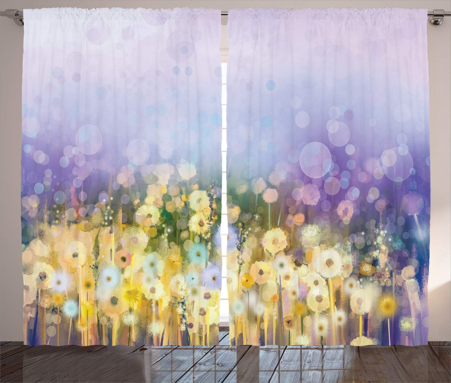 ABAKUHAUS Flower Curtains, Chamomile and Dandelion Field Meadow Landscape in Contrasting Colors Idyllic View, Living Room Bedroom Window Drapes 2 Panel Set, 280 x 260 cm, Yellow Purple — image 1